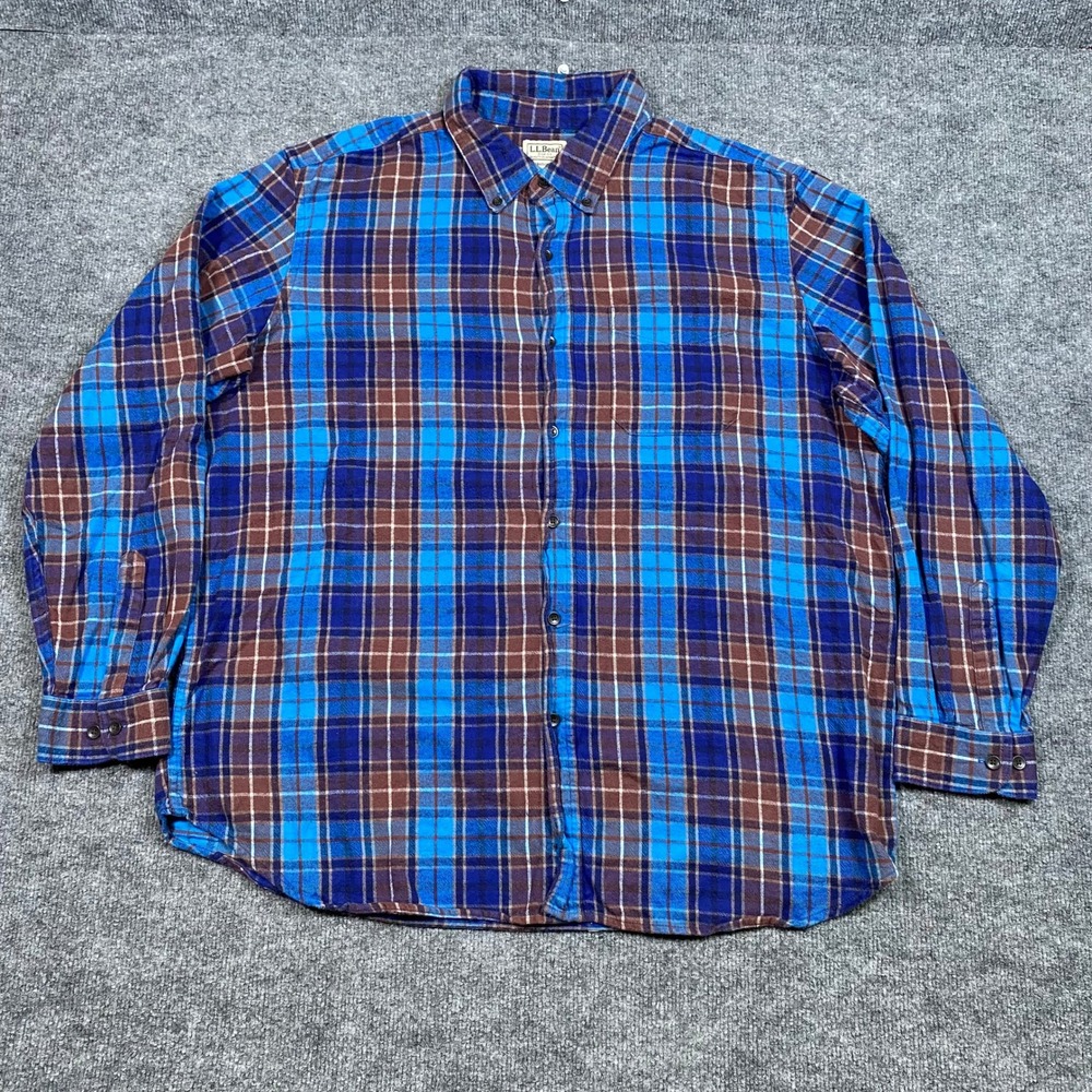 LL Bean Mens XL Traditional Fit Flannel Shirt Blue Brown Plaid Cotton‎ 228061